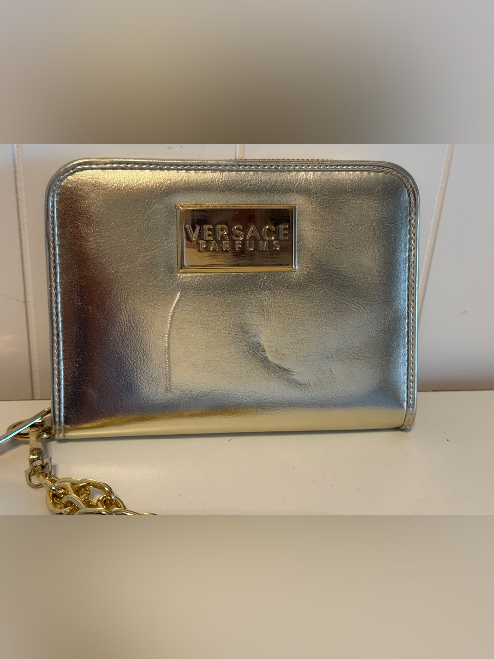 NEW Versace Gold Metallic Zip Wallet Clutch Wristlet